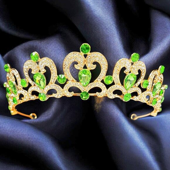 Green Rhinestone Tiara, Girl's Gold tiara, Heart shape tiara, Princess tiara - Picture 6 of 9